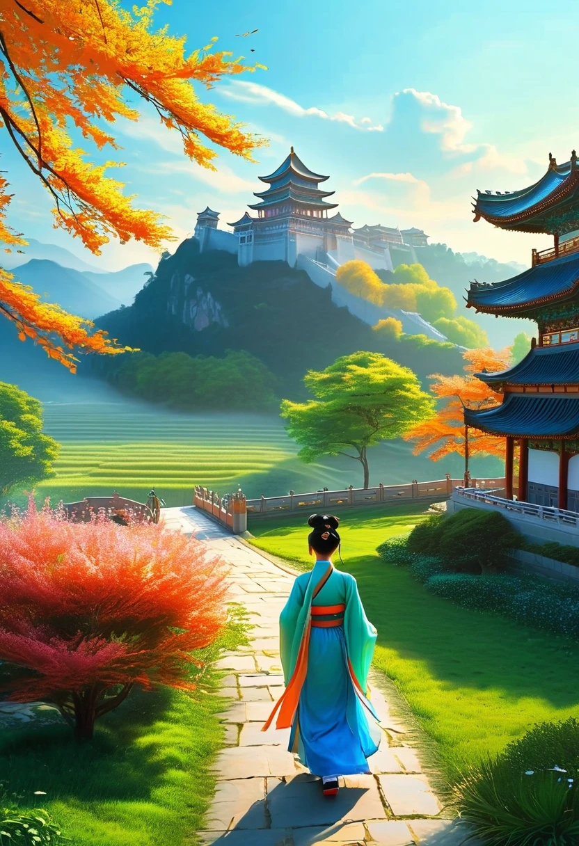 The Arrival at the Women's Kingdom As Tang Sanzang and his disciples approach the Women's Kingdom, they see a beautiful, verdant landscape stretching out before them. In the distance, they can make out the outlines of a magnificent palace, surrounded by fields and gardens. The sky overhead is clear and blue, and the air is filled with the sweet scent of flowers. From an artistic perspective, this scene could be depicted using soft, pastel colors to convey a sense of peace and tranquility. The use of light and shadow could also be emphasized to create depth and dimensionality