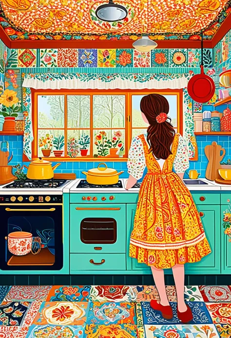 luxury interior of a kitchen, in the style of folk art - inspired illustrations, patterned paperclippings, detailed, flowers, in...