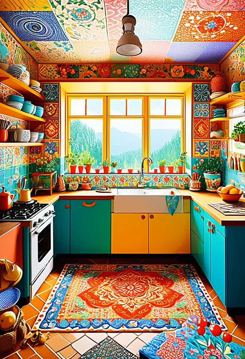 Luxury interior of a kitchen, in the style of folk art - inspired illustrations, patterned paperclippings, detailed, flowers, in the style of patchwork patterns, illustrated by olivia Gibbs, animated mosaics, kitsch and camp charm, bright pastel colours, bold patterned quilts, mixes painting and ceramics, precise, detailed architecture paintings, chalk art, ((cute and dreamy People)), ((humans))