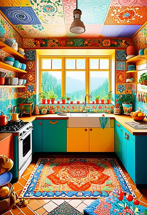 luxury interior of a kitchen, in the style of folk art - inspired illustrations, patterned paperclippings, detailed, flowers, in...