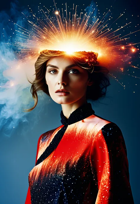 for marie claire, a model in a valentino creation, her pose commanding, amidst the depiction of a supernova explosion. asymmetri...