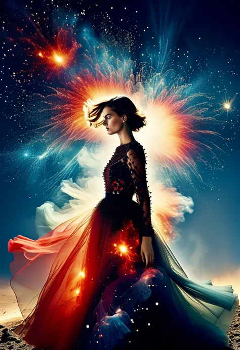 for marie claire, a model in a valentino creation, her pose commanding, amidst the depiction of a supernova explosion. asymmetri...