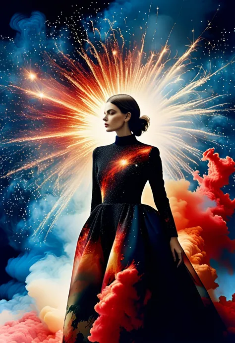 for marie claire, a model in a valentino creation, her pose commanding, amidst the depiction of a supernova explosion. asymmetri...