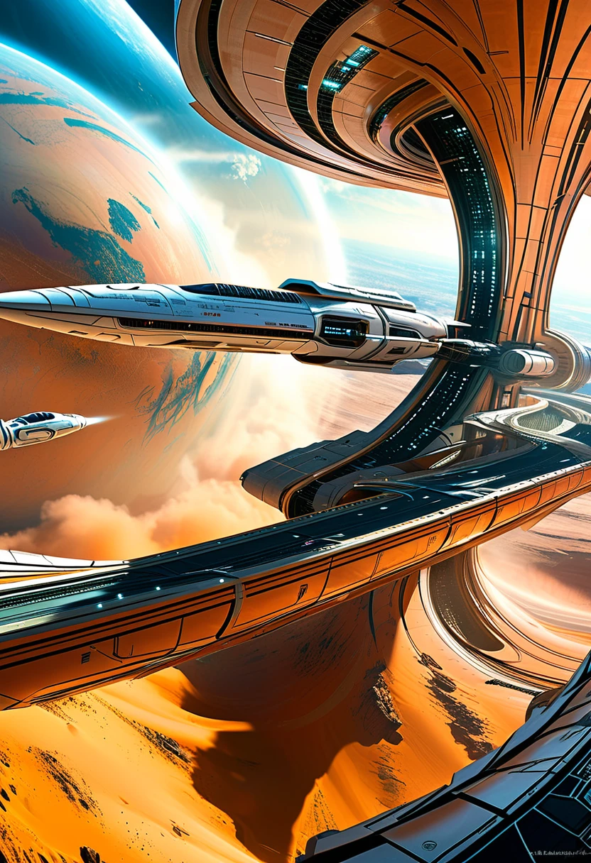 Depict a panoramic view of a bustling, hyper-advanced spaceport, reminiscent of the lively cityscapes in Luc Besson's "The Fifth Element". Capture the wide array of alien species, spacecraft, and futuristic architecture