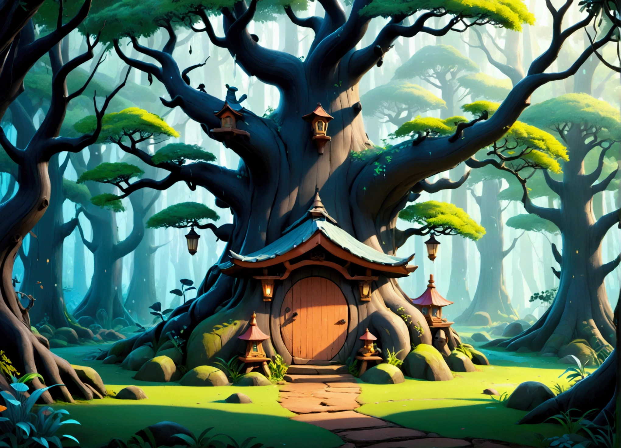 A breathtaking 3D rendering of a magical, Disney-styled forest with ancient trees and rain falling enhances the scene. The enchanted forest is filled with ((dozens of cartoon-style wild animal empty dens))), a few of which have one cartoon-style simple chimneys and cartoon-style wooden doors. Some dens have fences and gates in front of them. The forest is silent and solitaire, no animals around, only trees and empty dens. The vibrant colors and brushstrokes reminiscent of Ukiyo-e art give the image a unique and captivating appearance. The overall atmosphere is cinematic and evokes a sense of wonder, transporting viewers into a fantastical world.