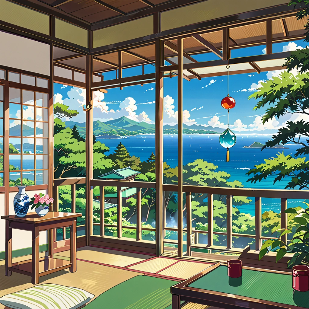 score_9, score_8_up, score_7_up, zPDXL,Shinkaistyle, no humans, Best Quality, high res, Illustration, anime background image only, hot summer day, inside a traditional Japanese room, green trees and ocean view from verandah, blue sky with cumulonimbus cloud, glass wind chime under the eaves,