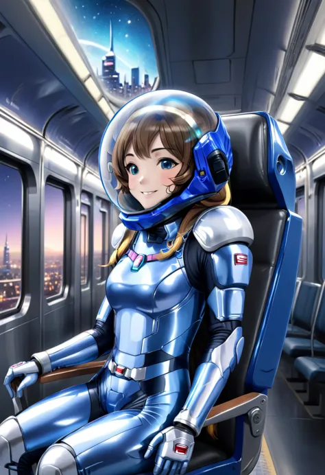 space helmet, (cinematic scene, sitting on a chair, train interior, , city view, night view: 1.5), space helmet,, space suit, sm...