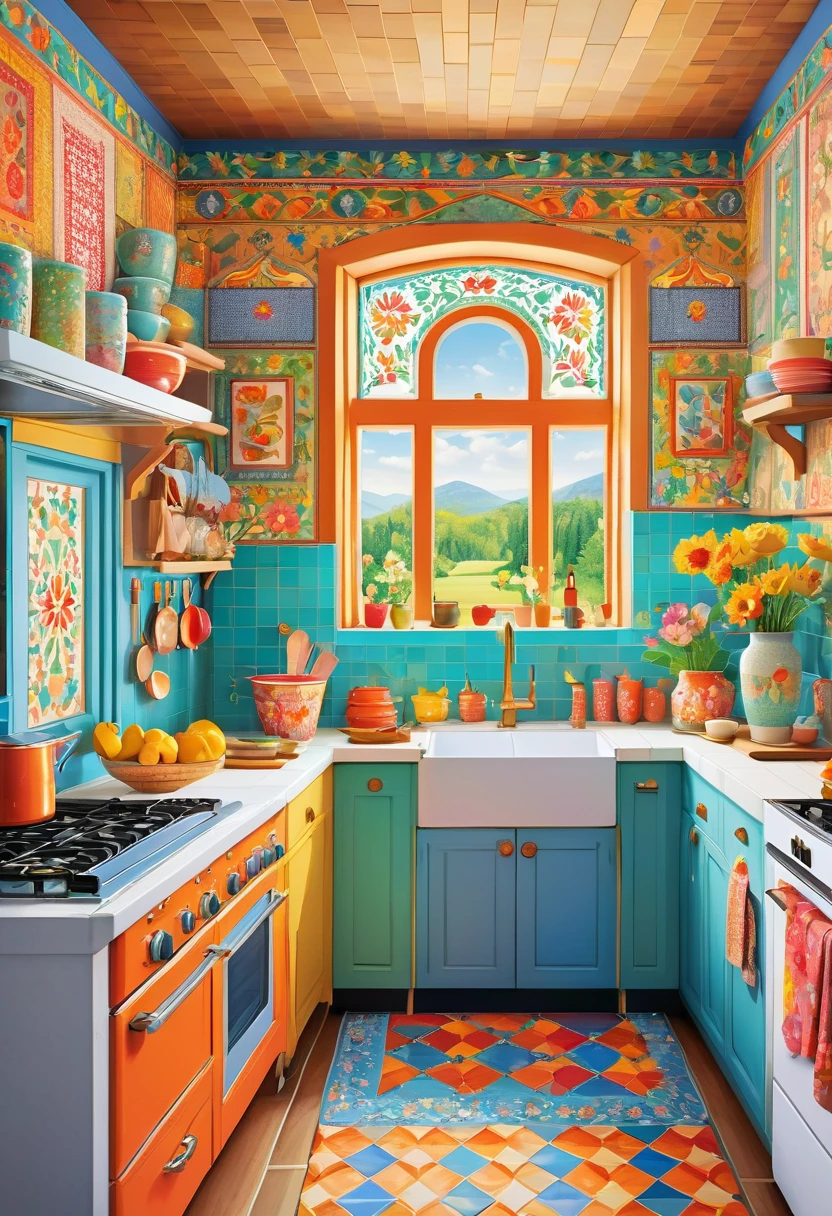 Luxury interior of a kitchen, in the style of folk art - inspired illustrations, patterned paperclippings, detailed, flowers, in the style of patchwork patterns, illustrated by olivia Gibbs, animated mosaics, kitsch and camp charm, bright pastel colours, bold patterned quilts, mixes painting and ceramics, precise, detailed architecture paintings, chalk art, ((cute and dreamy People)), ((humans))