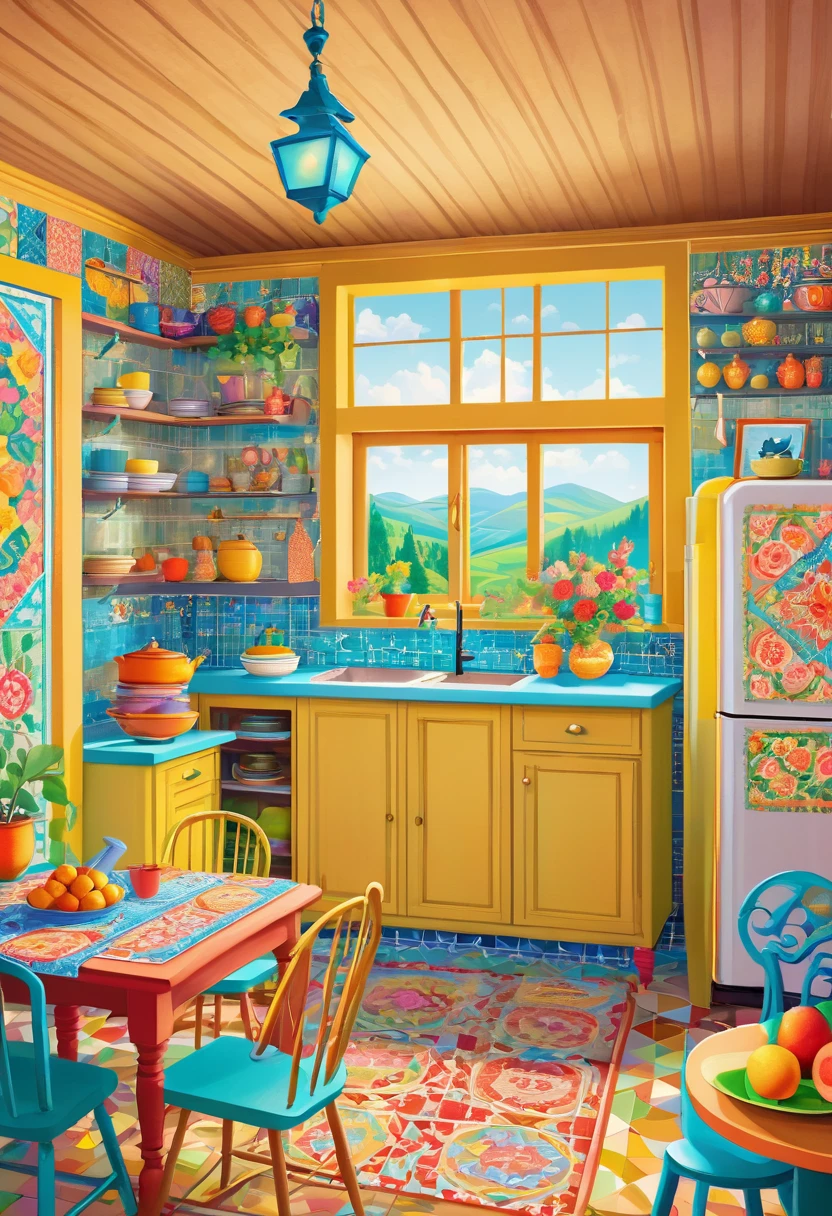 Luxury interior of a kitchen, in the style of folk art - inspired illustrations, patterned paperclippings, detailed, flowers, in the style of patchwork patterns, illustrated by olivia Gibbs, animated mosaics, kitsch and camp charm, bright pastel colours, bold patterned quilts, mixes painting and ceramics, precise, detailed architecture paintings, chalk art, ((cute and dreamy People)), ((humans))