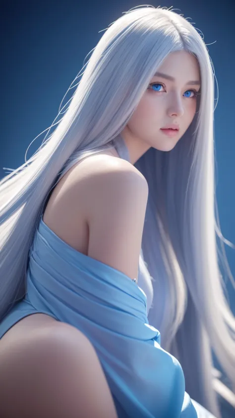 a highly detailed, hyperrealistic portrait of a beautiful anime girl with long flowing white hair, piercing blue eyes, and a vol...