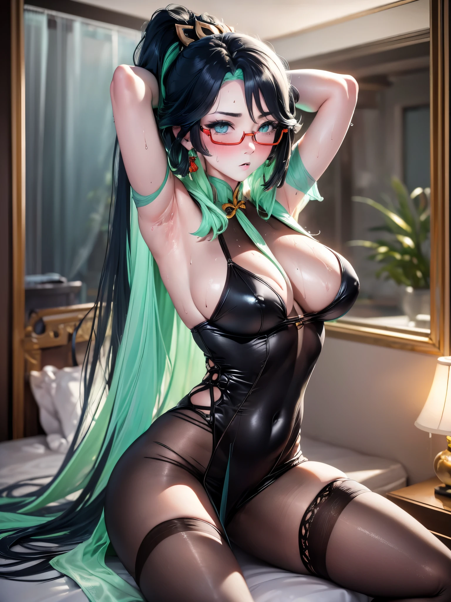 UHD, masterpiece, anatomically correct, textured skin, high details, best quality, highres, 1080P, 16k,SOLO, (1 female,Perfect body,big oppai, Black and green hair,ponytail,red glasses),(Wearing a see-through black body-Stocking:1.7)(with White shawl:1.9),(Black silk gloves:1.7),(Spreading legs:1.9),(sitting on a lux bed:1.7)(In a Chinese classical bedroom),(sweaty skin:1.7),(Her hands are behind her head:1.7),(ful Blush:1.7)
