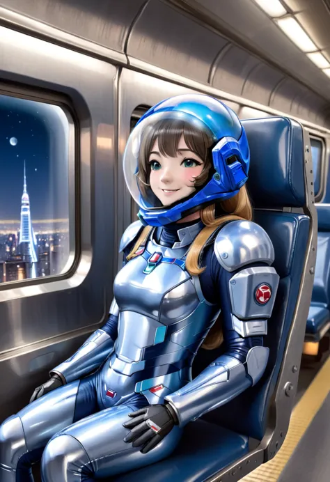 space helmet, (cinematic scene, sitting on a chair, train interior, , city view, night view: 1.5), space helmet,, space suit, sm...