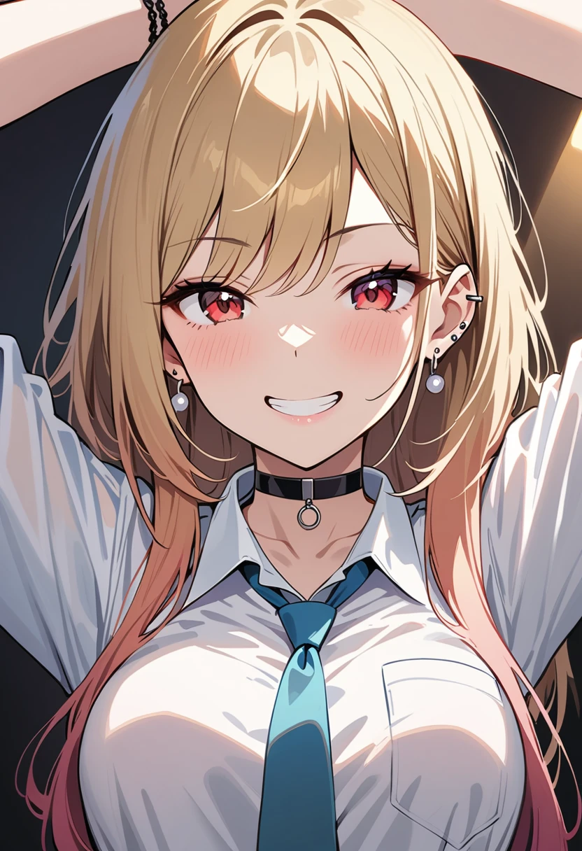 (masterpiece, Highest quality, inery aesthetic, Super detailed), Intricate details, One girl, Kitagawa Marine, sono bisque doll wa koi wo suru, Blonde, Red eyes, ear piercing, Barbell Piercing, Black choker, Collared shirt, White shirt, Earrings, Blue tie, Grin, Raise your arms, in, looking at iniewer, Upper Body,