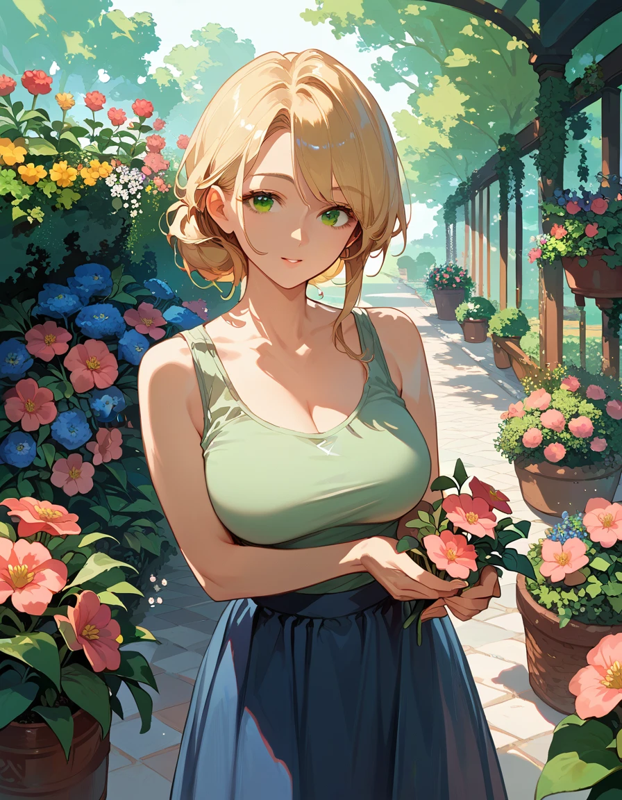 (score_9,score_8_up,score_7_up),1woman,solo,source_anime,mature,big sister,middle age,blonde hair,green eyes,looking at viewer, Picking flowers, white tank top, blue skirt, garden