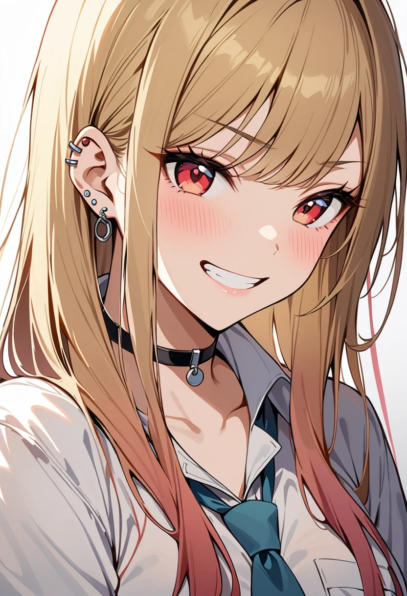 (masterpiece, Highest quality, inery aesthetic, Super detailed), Intricate details, One girl, Kitagawa Marine, sono bisque doll wa koi wo suru, Blonde, Red eyes, ear piercing, Barbell Piercing, Black choker, Collared shirt, White shirt, Earrings, Blue tie, Grin, in, looking at iniewer, Upper Body, 自分の胸を両手in持ち上げる