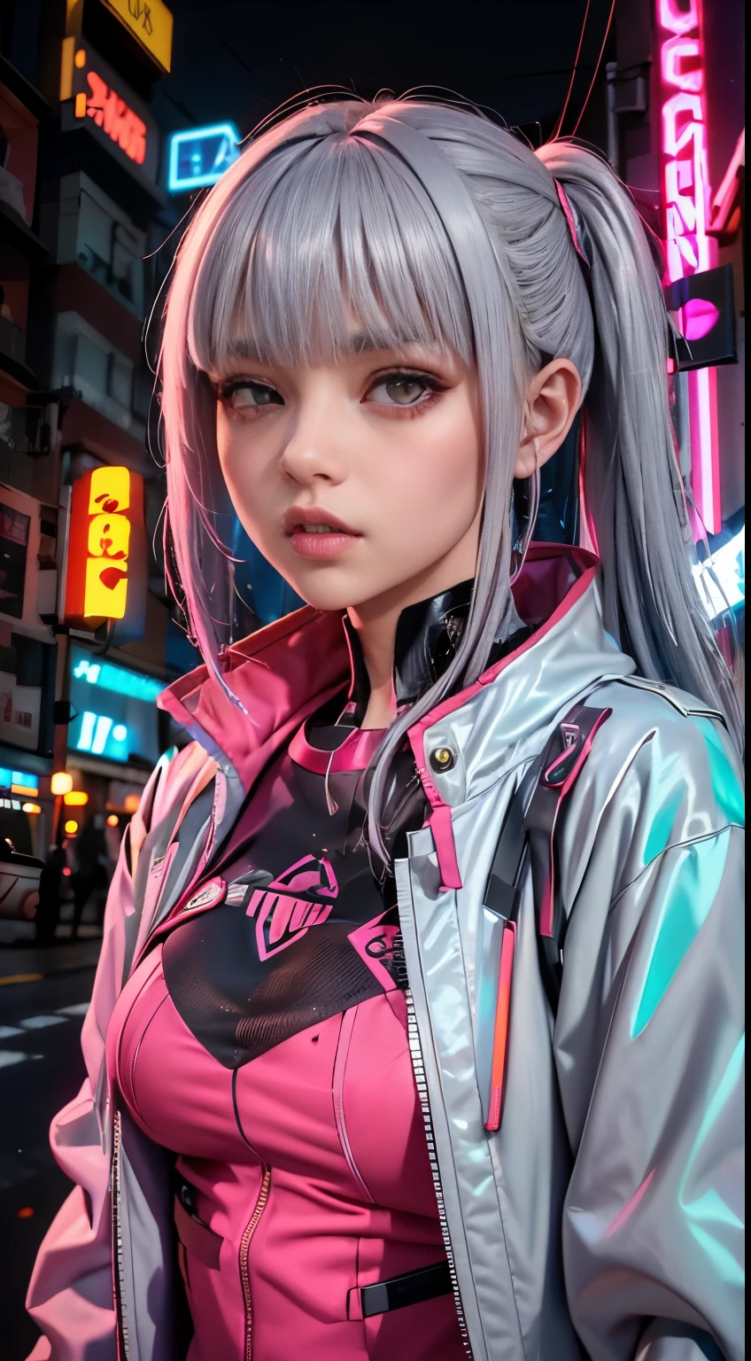 Lucy \(cyberpunk\), 1 woman,  hair tie, hime cut, silver hair, colored tips, full moon, gray eyes, jacket, long sleeves, looking at viewer, medium hair, multicolored hair, split bangs, chapped lips, pink hair, portrait, Red eyeliner, red lips, alone, white jacket, cyberpunk \(series\), rainy night in a cyberpunk city with glowing neon lights