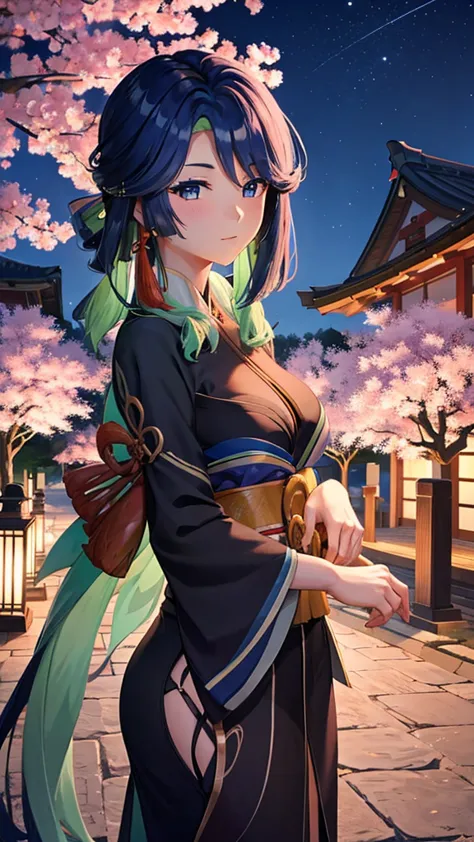 with a beautiful kimono. at night under a sakura tree