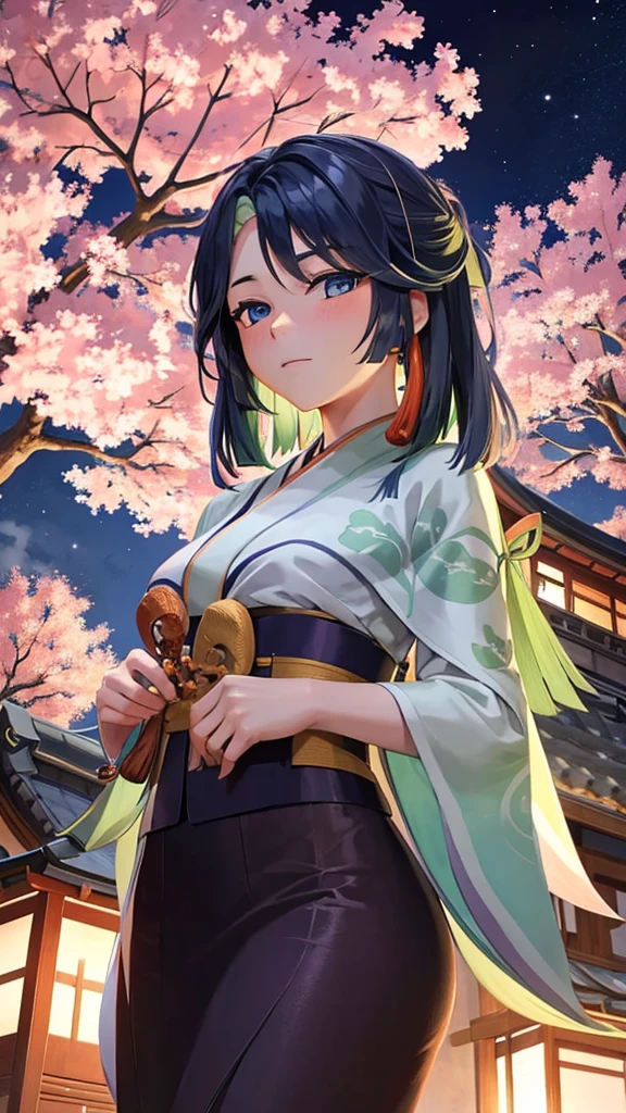 With a beautiful kimono. At night under a Sakura tree 