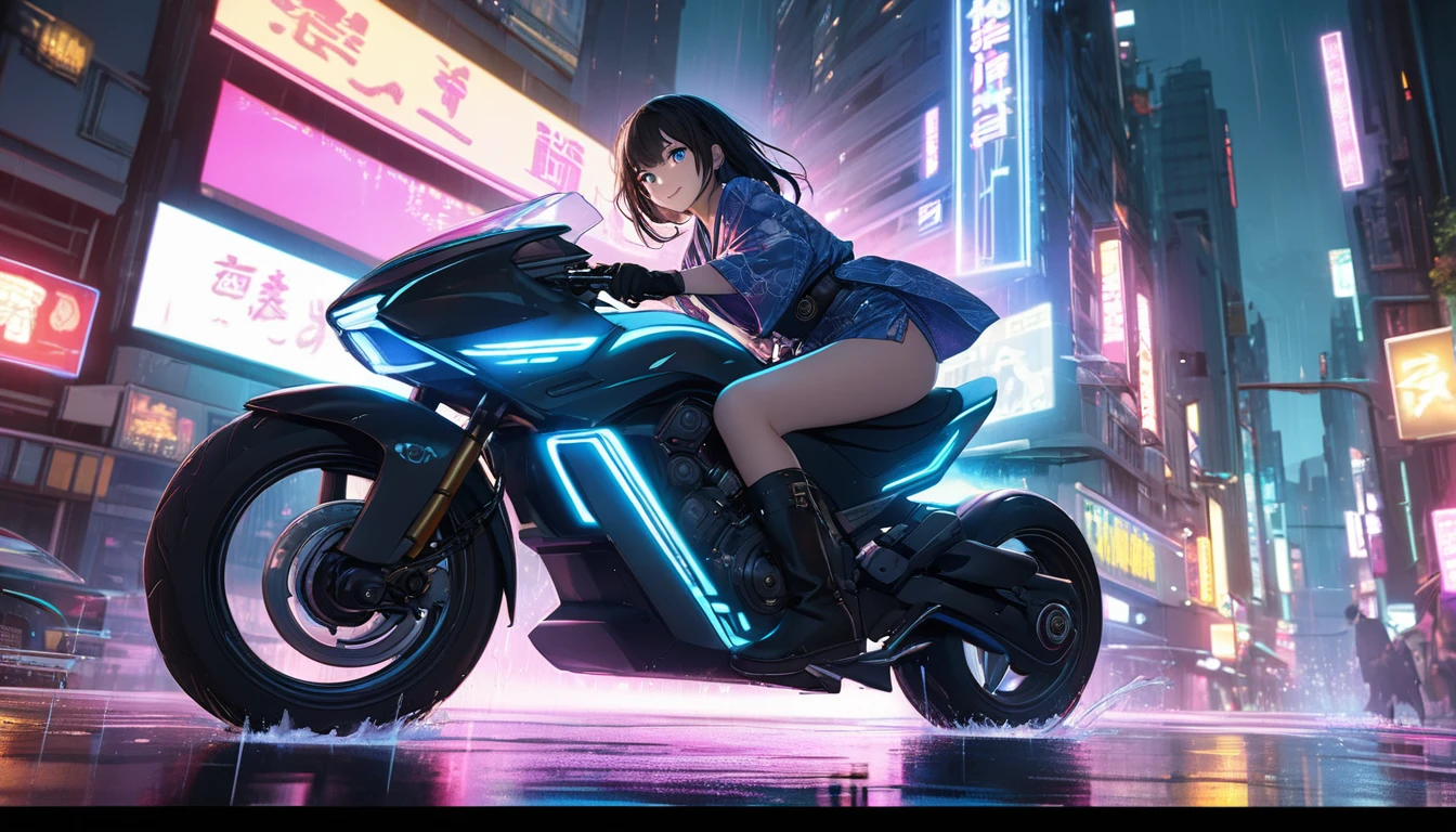 (masterpiece, best quality, super detailed, beautiful details eyes, Clean and delicate face), a cute lady riding a futuristic motorcycle in the city, BREAK, (Dynamic Motion Blur, trail of lights, long exposure, speed line), akira anime style, BREAK, (wearing a pop color yukata, black gloves and boots, thigh, leaning forward), slight smile, Fluttering yukata, cyberpunk city, neon lights, volumetric lighting, dramatic lighting, cinematic, photo realistic, 8k, studio lighting, vivid colors, digital art, perspective, from below, BREAK, splash after driving on wet road