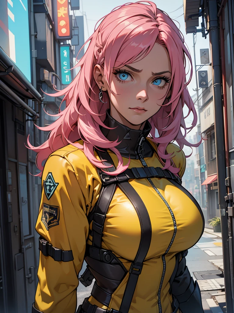 Fake body and  , Mature woman  in metal rising revengeance body details, foto de busto, big pink hair, shining blue eyes, wearing a mustard yellow jumpsuit, breasts big, 35 years old, eye on the spectator, Look to the camera, , the background is a cyberpunk city, revegeance expression, foco no rosto, de frente, foco no busto, riaden armor of metal gear rising, busty woman,pronto para lutar, mini saia roxa e branca, expressão intensa, fundo branco liso, ambiente frio, vapor subindo, movimento dinâmico, atitude confiante, atmosfera fria
