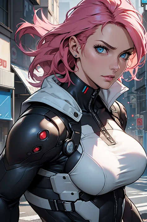 fake body and  , mature woman  in metal rising revengeance body details, foto de busto, big pink hair, shining blue eyes, wearin...