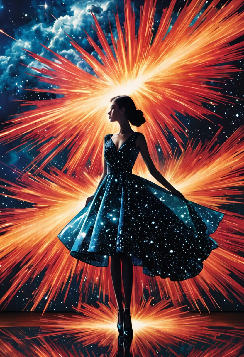 For Marie Claire, a model in a Valentino creation, her pose commanding, amidst the depiction of a supernova explosion. Asymmetrical composition by Andreas Gursky