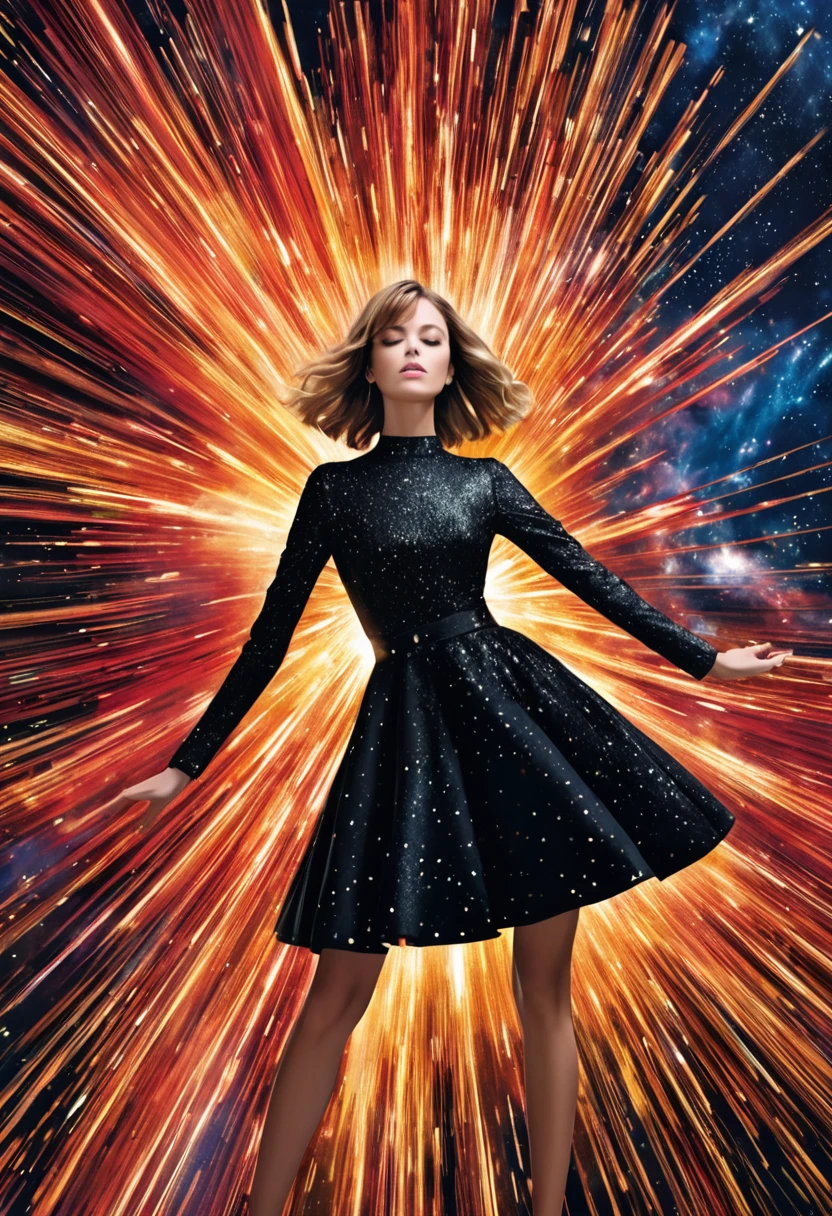 For Marie Claire, a model in a Valentino creation, her pose commanding, amidst the depiction of a supernova explosion. Asymmetrical composition by Andreas Gursky