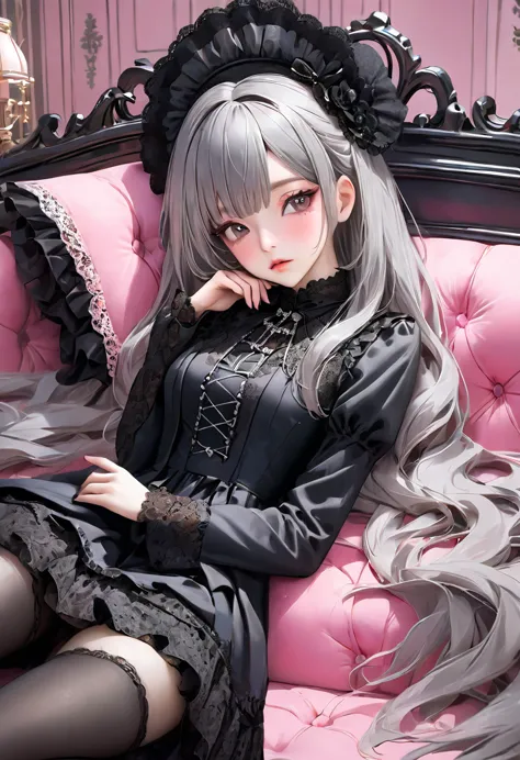 best work high resolution gray long hair beautiful girl black lace gothic lolita outfit sleeping on her back on a pink gothic so...