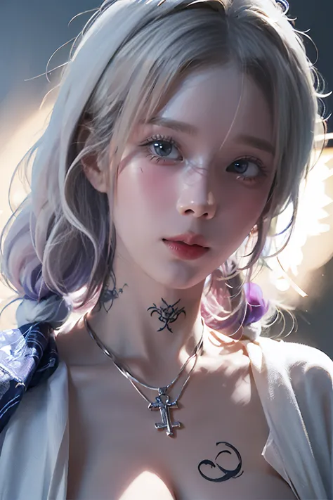 ((close-up of a woman with tattoos on her chest)), girl, short white hair with bangs, black strands of hair, purple eyes, white ...