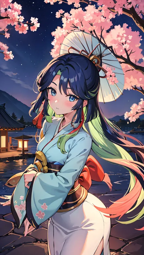 well detailed eyes, with a beautiful kimono. at night under a sakura tree