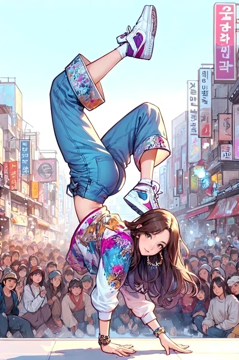 1lady solo, (dynamic posing) (breakdance), (one hand on the ground) (throwing body into the air) acrobatic (legs raised up), stylish outfit (chic and pop attire), (mature female:0.6), /(light brown hair/) bangs, (light smile:0.8), (masterpiece best quality:1.2) delicate illustration ultra-detailed, large breasts BREAK (lively street) outdoors, square, audience, detailed background