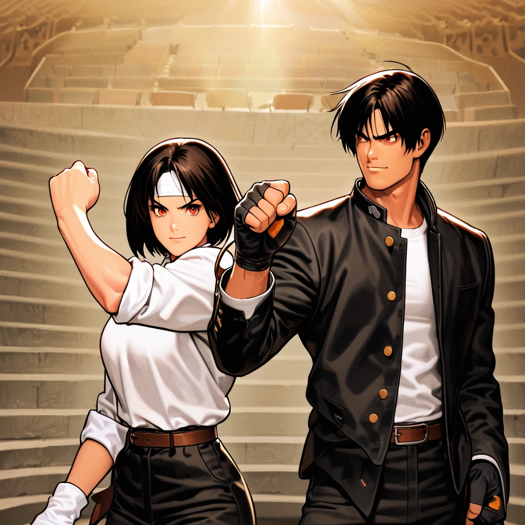 Masterpiece, 2 people, man and woman before fight, one on one, highest quality, 8K, grinning at each other, fighting pose, fighting: 1. 5,(kyo kusanagi), man has dark skin, red eyes, alone, ((white headband)) two shot, black jacket (rolled up arms), fingerless gloves, black hair, white t-shirt, black pants , white shoes, brown belt, boyish, handsome, shot, charming, masterpiece, high resolution, detailed face, grainy, morning, confident grin, man and woman fighting against background of Arles amphitheater, loud cheers, same hair, same hair and clothes, angry face: 1. attack speed 5, fast attack, angry face, angry face