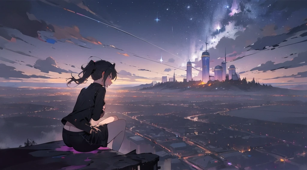 masterpiece,night,(dark alley),star、Night Sky、Overlooking the city、milky way、Back view、octone、
(1 girl), (solo), Knee hugging sitting，acousticguitar