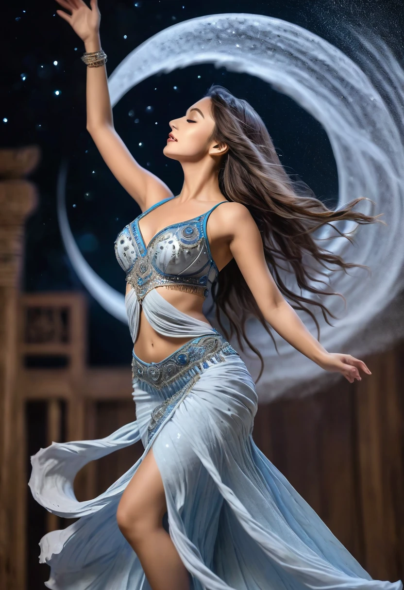 image of a tall girl paper statue, rough, fibrous paper texture, full body, intricate detailed, UHD, best quality, 8k wallpaper, royal belly dancer dress, dancing in the moon night, shiny skin, focus on the girl, soaring the sky, blurred edges, low angle, below view, whirl dust trail behind, shot on FujiFilm XT4 camera f/2. ISO 200,blurry edges, super detailed, perfect face, side view, best quality, dust trail along with a wooden element of color background
