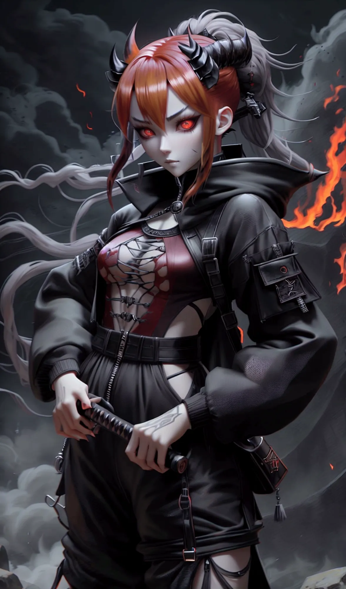 1 adult female demon with gray skin with very thin fiery horns protruding from the front of her forehead, ((fire hair)) ((with b...