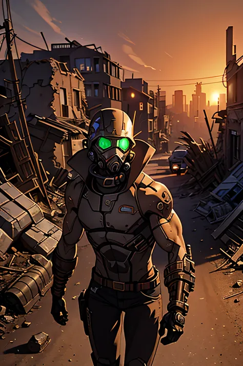 a cyborg runner with a metallic arm, moving stealthily through the ruins of an ancient desert city, where collapsed buildings an...