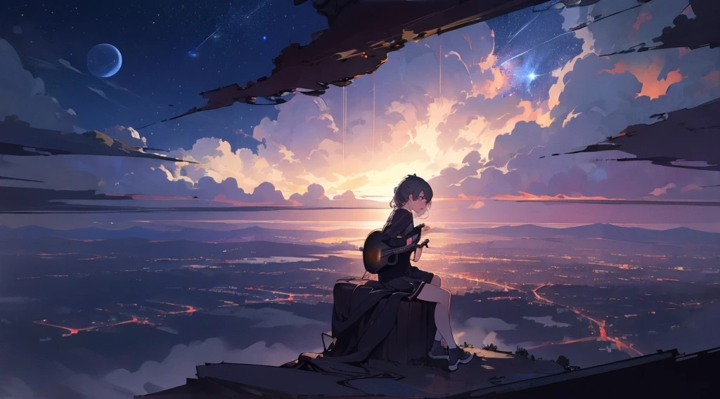 masterpiece,night,(dark alley),star、Night Sky、Overlooking the city、milky way、Back view、octone、
(1 girl), (solo), Knee hugging sitting，acousticguitar