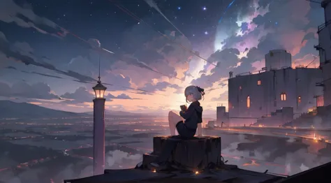 masterpiece,night,(dark alley),star、Night Sky、Overlooking the city、milky way、Back view、octone、
(1 girl), (solo), Knee hugging si...