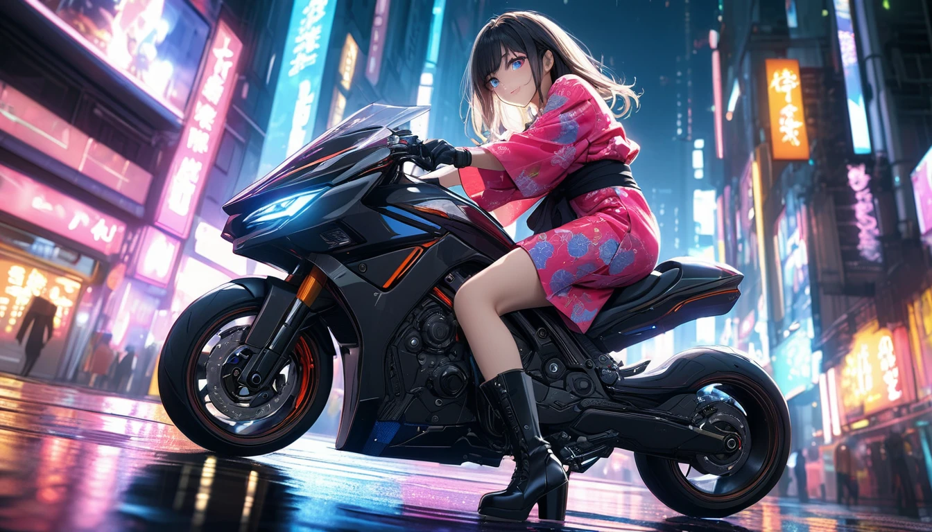 (masterpiece, best quality, super detailed, beautiful details eyes, Clean and delicate face), a cute lady riding a futuristic motorcycle in the city, BREAK, (Dynamic Motion Blur, trail of lights, long exposure, speed line), akira anime style, BREAK, (wearing a pop color yukata, black gloves and boots, thigh, leaning forward), slight smile, Fluttering yukata, cyberpunk city, neon lights, volumetric lighting, dramatic lighting, cinematic, photo realistic, 8k, studio lighting, vivid colors, digital art, perspective, from below, BREAK, splash after driving on wet road