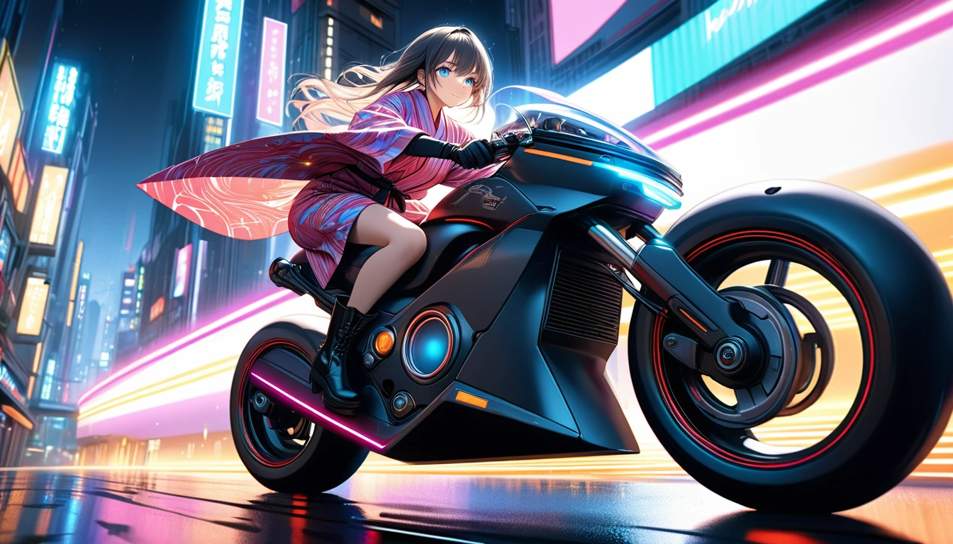 (masterpiece, best quality, super detailed, beautiful details eyes, Clean and delicate face), a cute lady riding a futuristic motorcycle in the city, BREAK, (Dynamic Motion Blur, trail of lights, long exposure, speed line), akira anime style, BREAK, (wearing a pop color yukata, black gloves and boots, thigh, leaning forward), slight smile, Fluttering yukata, cyberpunk city, neon lights, volumetric lighting, dramatic lighting, cinematic, photo realistic, 8k, studio lighting, vivid colors, digital art, perspective, from below, BREAK, splash after driving on wet road