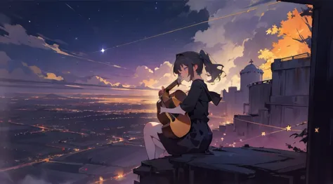 masterpiece,night,(dark alley),star、Night Sky、Overlooking the city、milky way、octone、
(1 girl), (solo), Knee hugging sitting，acou...