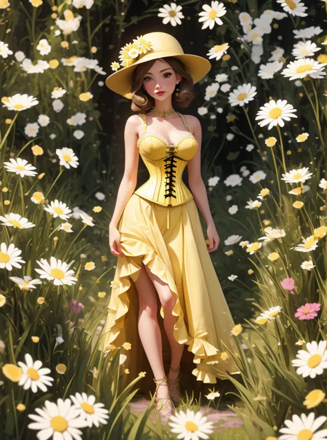 8k, masterpiece, highly detailed, 1girl, (yellow underbust corset), long dress, fairytale, daisies, field