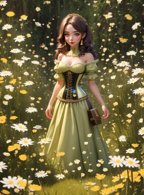 8k, masterpiece, highly detailed, 1girl, (yellow underbust corset), long dress, fairytale, sorcerer, magic, pouty lips, spell bo...