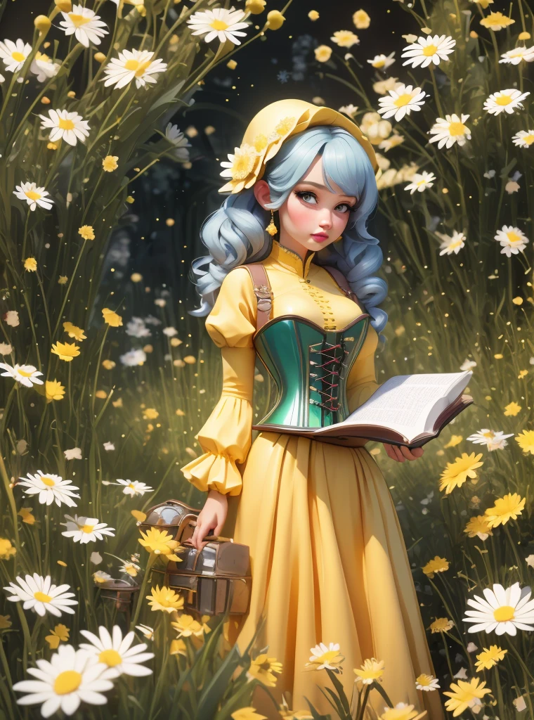 8k, masterpiece, highly detailed, 1girl, (yellow underbust corset), long dress, fairytale, sorcerer, magic, pouty lips, spell book, daisies, field