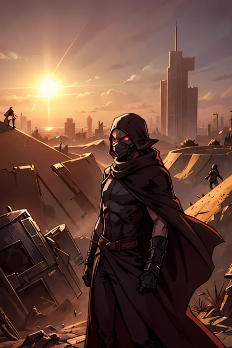 a cloaked elf runner in desert gear, standing atop a crumbling skyscraper, with the wind whipping sand around. the high-tech mas...