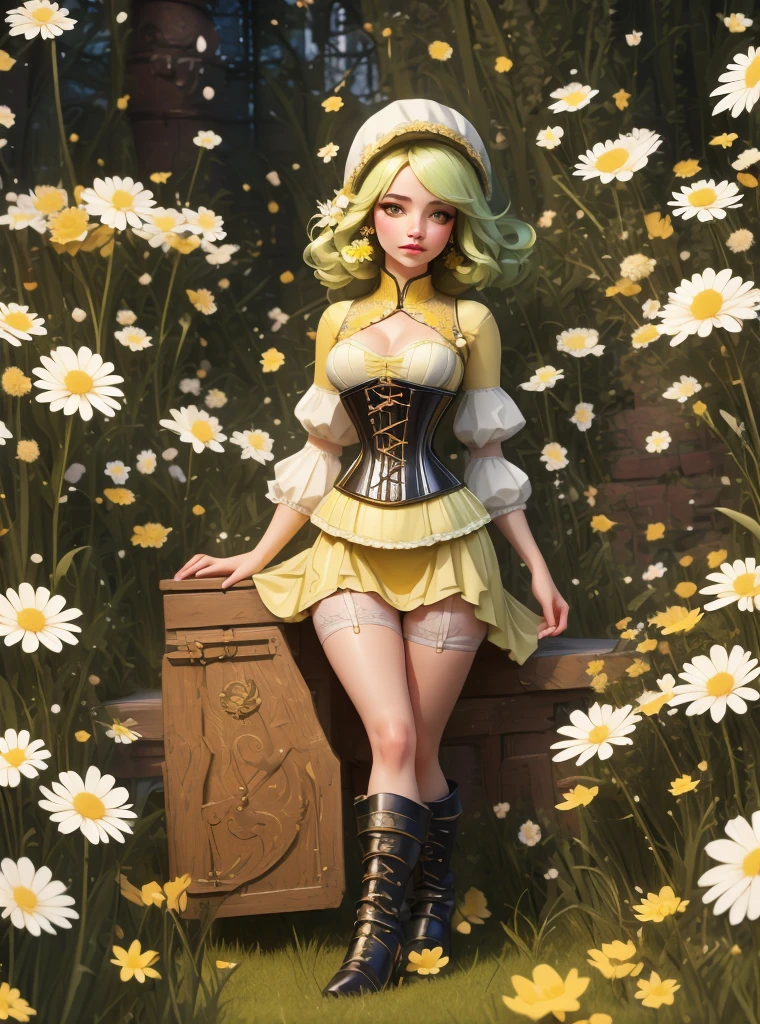 8k, masterpiece, highly detailed, 1girl, (yellow underbust corset), long dress, fairytale, sorcerer, magic, pouty lips, spell book, daisies, field, pouches, high heels, knee high boots, flower magic, flower druid