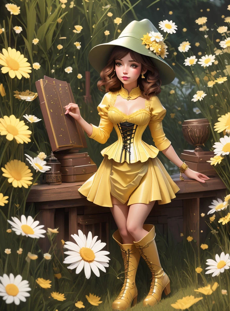 8k, masterpiece, highly detailed, 1girl, (yellow underbust corset), long dress, fairytale, sorcerer, magic, pouty lips, spell book, daisies, field, pouches, high heels, knee high boots, flower magic, flower druid