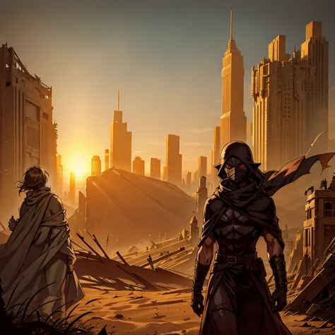 a cloaked elf runner in desert gear, standing atop a crumbling skyscraper, with the wind whipping sand around. the high-tech mas...