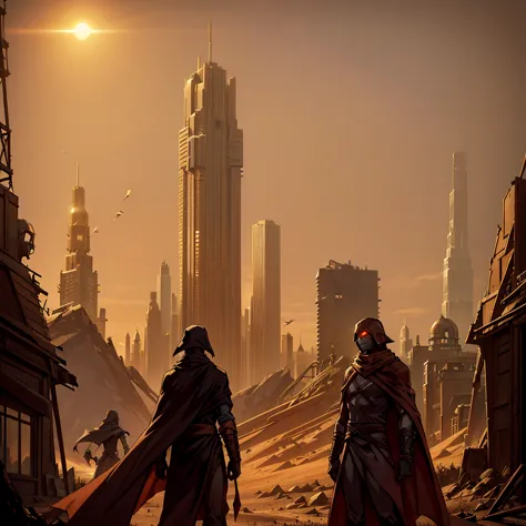 a cloaked elf runner in desert gear, standing atop a crumbling skyscraper, with the wind whipping sand around. the high-tech mas...