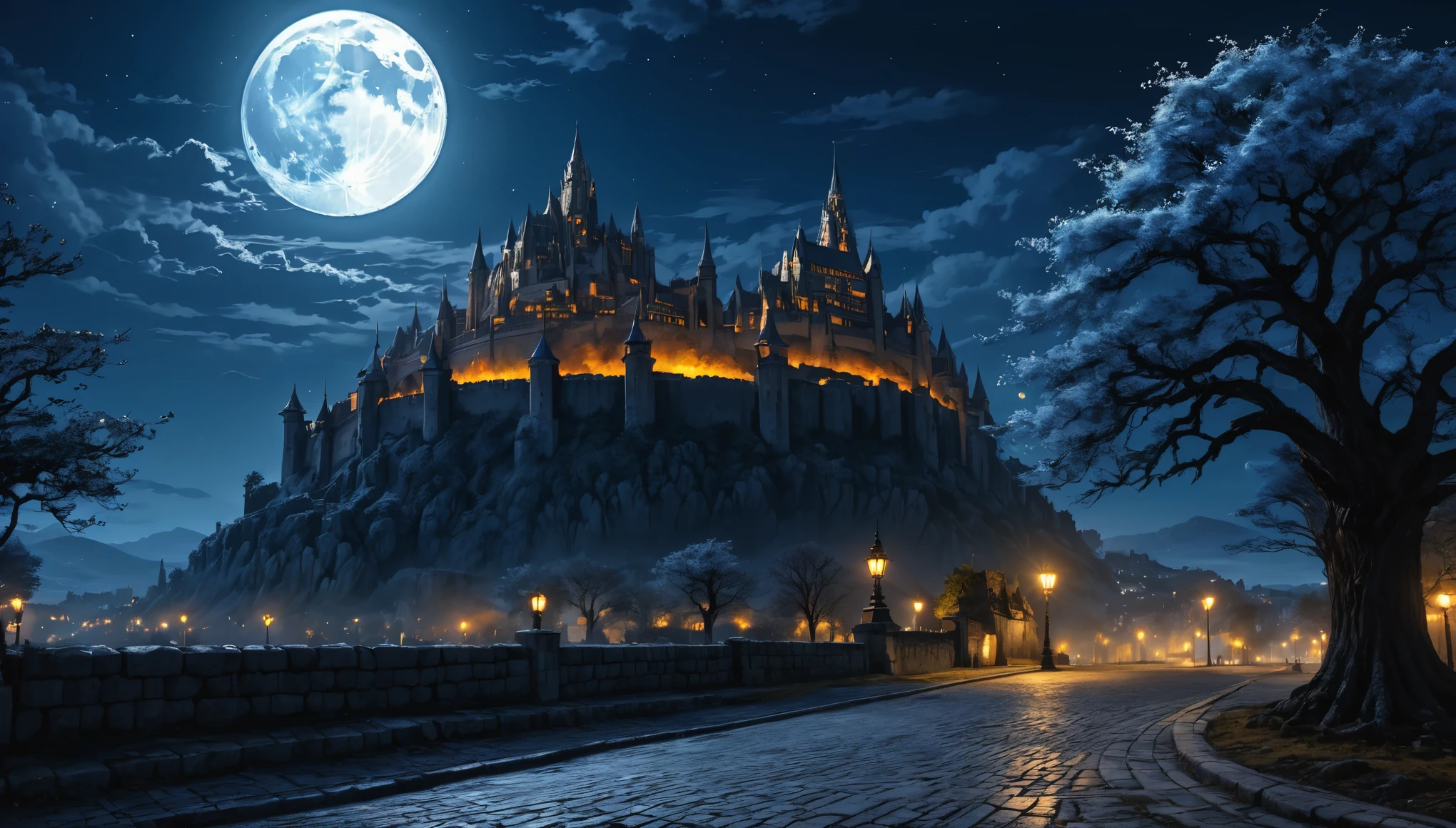  anime aestetics, anime scenery, gigantic blue moon over the castle, capital of ashes, stone roads, tall white stone buildings, beautiful architecture, elden ring capital, night, fullmoon, gigantic burning tree on the background, sky high tree, erd tree, elden ring scenery, gigantic structures, streets covered in ashes, medieval capital, dark fantasy setting, dark night, red yellow an blue colours, atmospheric perspective, perspective, wide shot, from side, 4K, 8k, highres, best quality, award winning, super detail, accurate, masterpiece, UHD